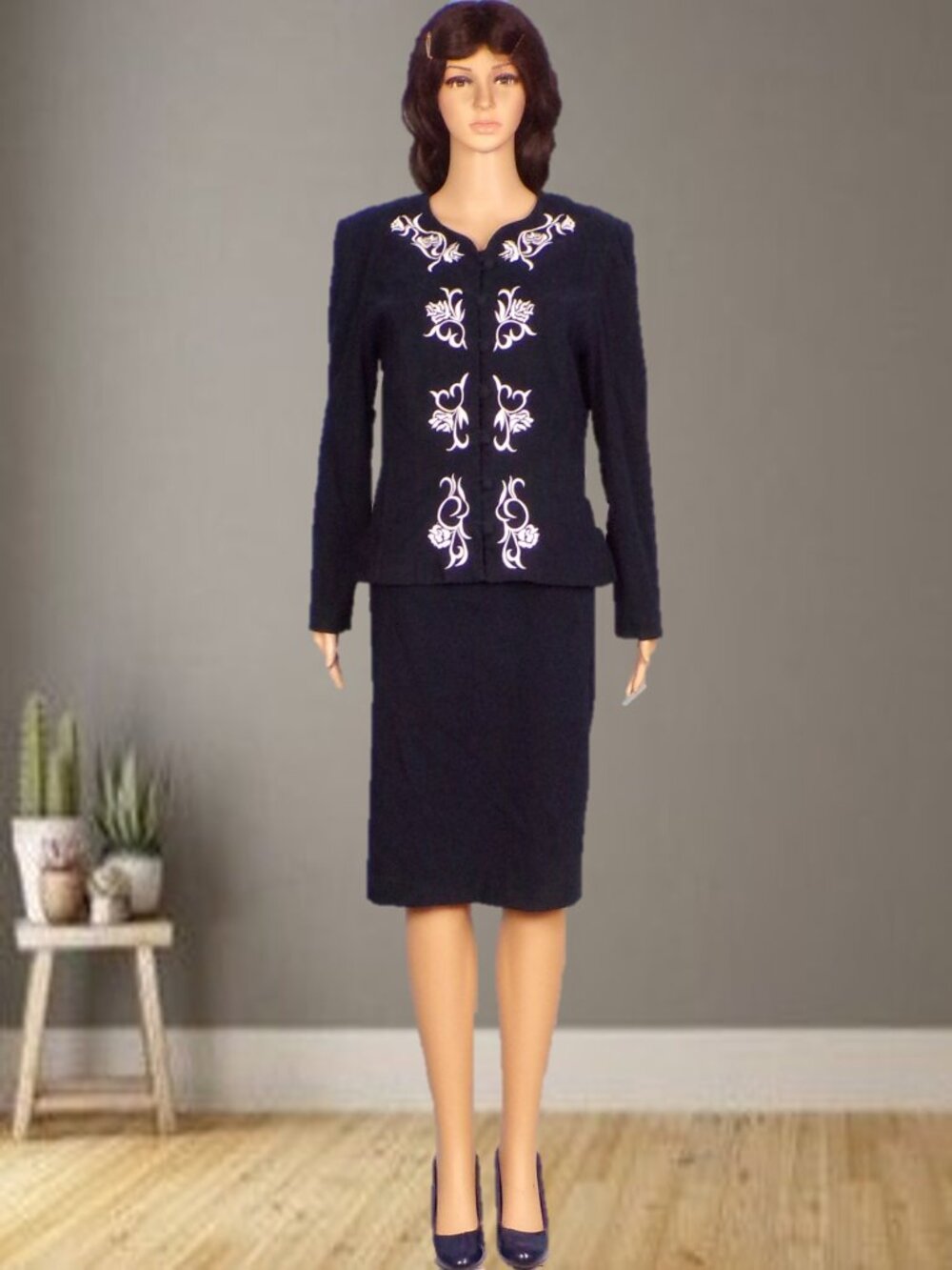 KARIN STEVENS size 10 black/silver dress with attached jacket polyester/spandex